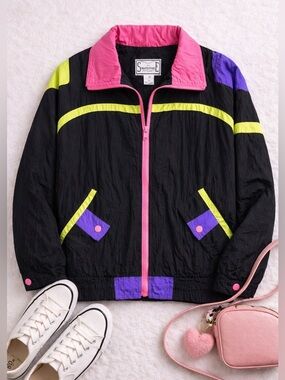 Vintage 90s Colorblock Windbreaker Jacket Neon Pink Black Y2K Retro Women’s M